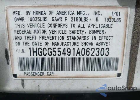 2001 Honda Accord 2.3 Lx from USA, damaged, VIN 1HGCG55491A062303